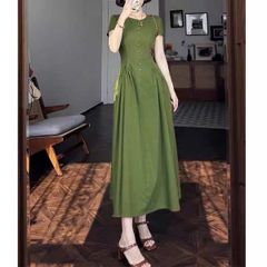 VGU1104 - ĐẦM DÀI PHỐI NÚT (XANH LÁ)