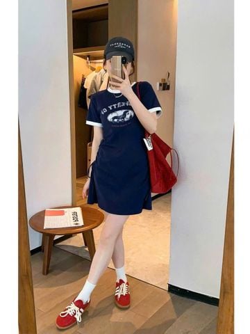 SKY9031 - ĐẦM THUN NGẮN RÚT EO - MÀU XANH ĐEN