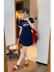 SKY9031 - ĐẦM THUN NGẮN RÚT EO - MÀU XANH ĐEN