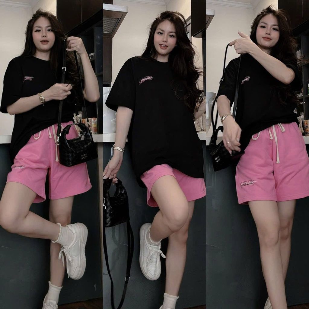 SKY9017 - SET ÁO THUN ĐEN + QUẦN SHORT HỒNG BAD BLOOD