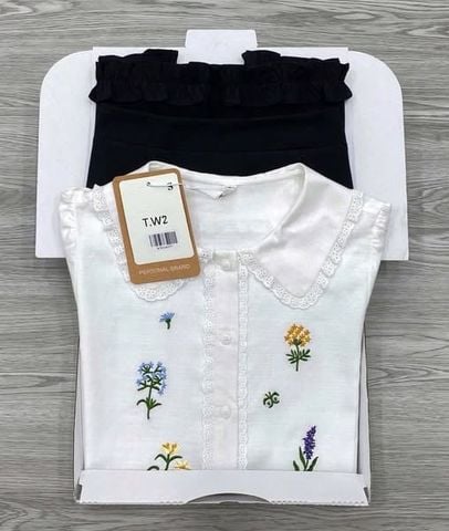 KS1161 - SET ÁO TRẮNG THÊU HOA + CHÂN VÁY DÀI PHỐI BÈO ĐEN