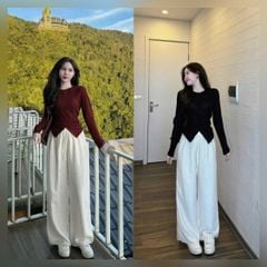 VGU1154 - ÁO KIỂU TAY DÀI VẠT CHẺ - MÀU KEM (ÁO LẺ)