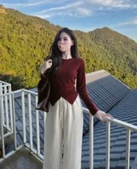 VGU1152 - ÁO KIỂU TAY DÀI VẠT CHẺ - MÀU ĐỎ ĐÔ (ÁO LẺ)