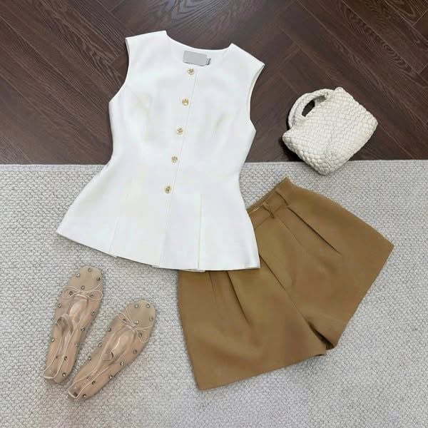 KS1180 - SET ÁO SÁT NÁCH KEM + QUẦN SHORT NÂU NHẠT