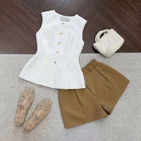 KS1180 - SET ÁO SÁT NÁCH KEM + QUẦN SHORT NÂU NHẠT