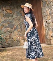 VGU1151 - ĐẦM DÀI CỔ V HOẠ TIẾT XANH ĐEN