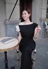 VGU1164 - ĐẦM DÀI TRỄ VAI ĐEN (KÈM TAG HOA)