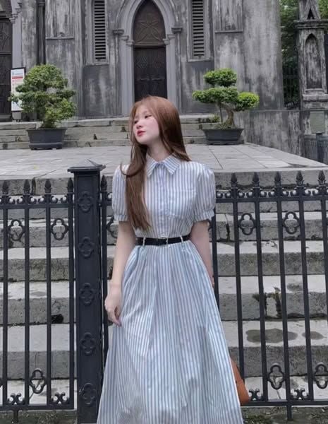 KS1201 - ĐẦM DÀI SỌC XANH (KÈM NỊT)