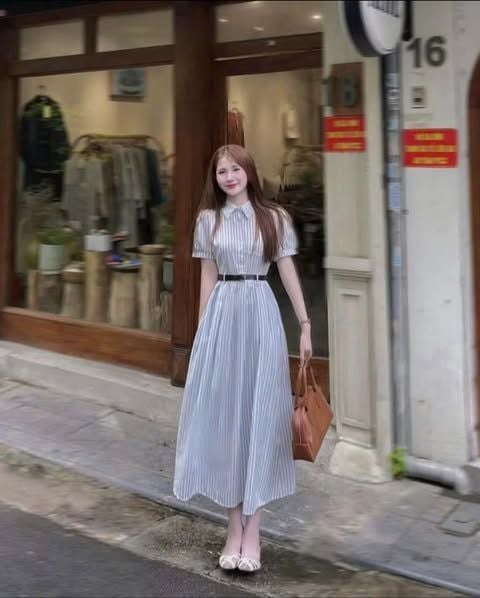 KS1201 - ĐẦM DÀI SỌC XANH (KÈM NỊT)