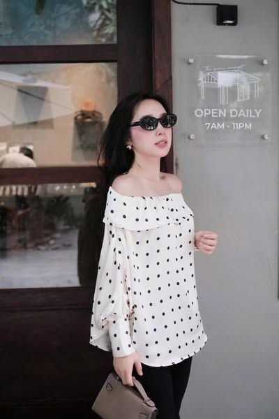 TQ4550 - SET ÁO TRỄ VAI CHẤM BI + QUẦN DÀI ĐEN