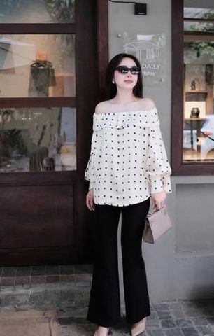 TQ4550 - SET ÁO TRỄ VAI CHẤM BI + QUẦN DÀI ĐEN