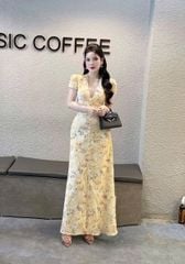 VGU1242 - ĐẦM DÀI HOA CỔ V PHỐI NÚT