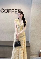 VGU1242 - ĐẦM DÀI HOA CỔ V PHỐI NÚT