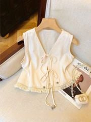 VGU1258 - SET ÁO SÁT NÁCH CỘT NƠ + CHÂN VÁY DÀI (TRẮNG)