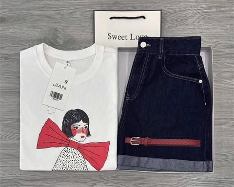 TB8902 - SET ÁO THUN CÔ GÁI NƠ + QUẦN SHORT JEAN (KÈM NỊT)