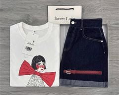 TB8902 - SET ÁO THUN CÔ GÁI NƠ + QUẦN SHORT JEAN (KÈM NỊT)