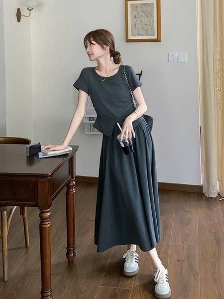 SKY9147 - SET ÁO THUN XẺ VẠT + CHÂN VÁY DÀI (XÁM)