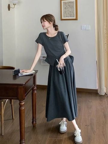 SKY9147 - SET ÁO THUN XẺ VẠT + CHÂN VÁY DÀI (XÁM)