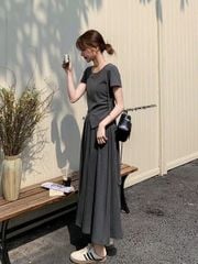 SKY9147 - SET ÁO THUN XẺ VẠT + CHÂN VÁY DÀI (XÁM)