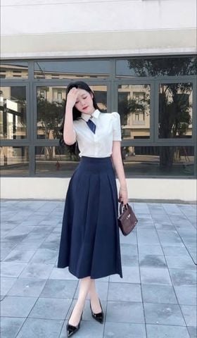 KS1247 - SET ÁO SƠMI TRẮNG + CHÂN VÁY DÀI XANH ĐEN (KÈM KHĂN)