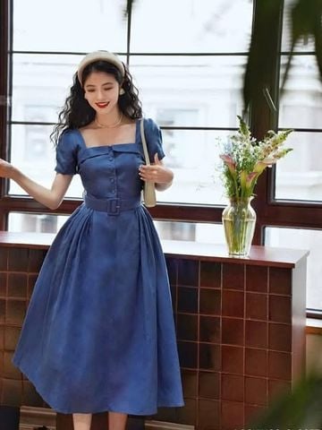VGU1247 - ĐẦM THANH LỊCH TAY BỒNG XANH - KÈM NỊT