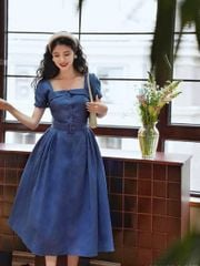 VGU1247 - ĐẦM THANH LỊCH TAY BỒNG XANH - KÈM NỊT