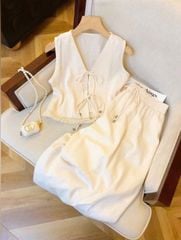 VGU1258 - SET ÁO SÁT NÁCH CỘT NƠ + CHÂN VÁY DÀI (TRẮNG)