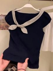 VGU1274 - ÁO THUN ĐEN PHỐI CỔ NƠ CARO (ÁO LẺ)