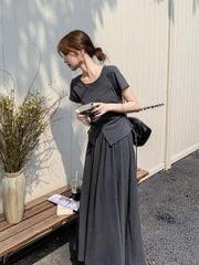 SKY9147 - SET ÁO THUN XẺ VẠT + CHÂN VÁY DÀI (XÁM)