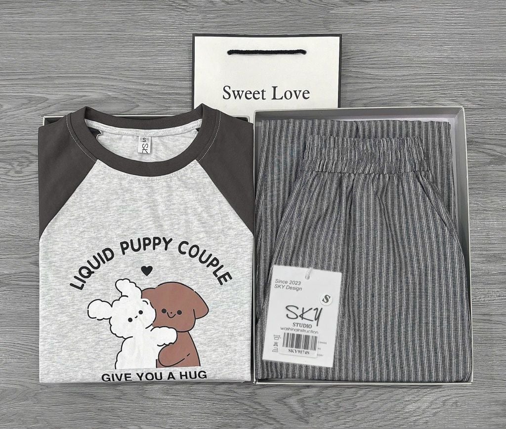 SKY9174 - SET BỘ ÁO THUN IN PUPPY - QUẦN SỌC DÀI ( MÀU XÁM )