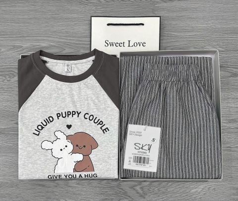 SKY9174 - SET BỘ ÁO THUN IN PUPPY - QUẦN SỌC DÀI ( MÀU XÁM )