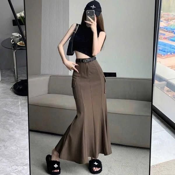 VGU1288 - CHÂN VÁY ĐUÔI CÁ PHỐI TÚI NÂU (VÁY LẺ - KHÔNG KÈM NỊT)