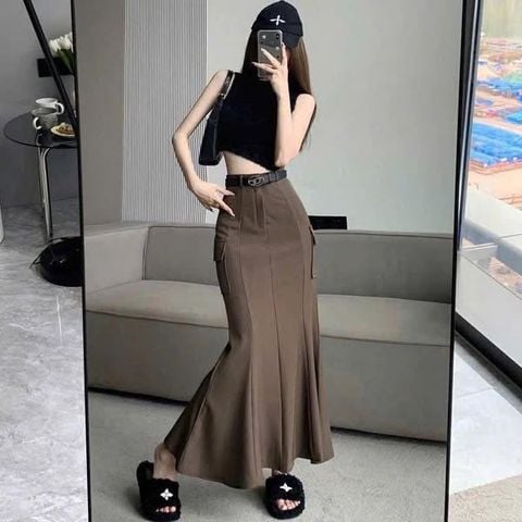 VGU1288 - CHÂN VÁY ĐUÔI CÁ PHỐI TÚI NÂU (VÁY LẺ - KHÔNG KÈM NỊT)