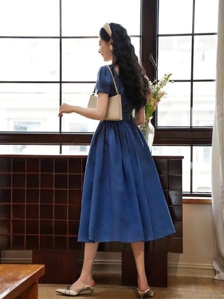 VGU1247 - ĐẦM THANH LỊCH TAY BỒNG XANH - KÈM NỊT
