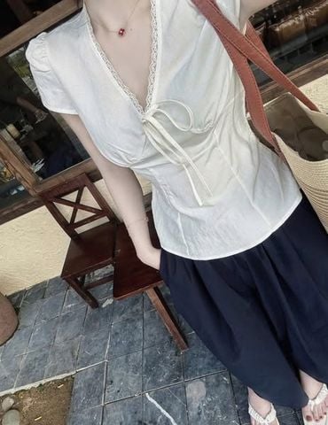 KS1259 - ÁO LINEN PHỐI NƠ KEM (ÁO LẺ)