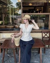 KS1259 - ÁO LINEN PHỐI NƠ KEM (ÁO LẺ)