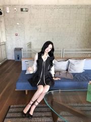 VGU1267 - SET ÁO SƠMI NƠ TRẮNG + ĐẦM YẾM SỌC ĐEN