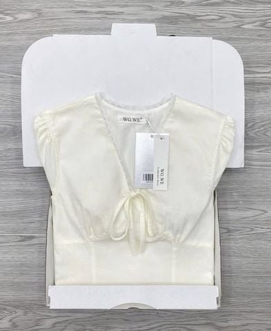 KS1259 - ÁO LINEN PHỐI NƠ KEM (ÁO LẺ)