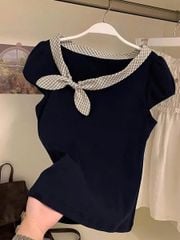 VGU1274 - ÁO THUN ĐEN PHỐI CỔ NƠ CARO (ÁO LẺ)