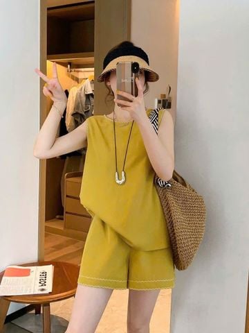 TB9024 - SET NGẮN LƯNG PHỐI NÚT XẺ TÀ SAU - MÀU VÀNG