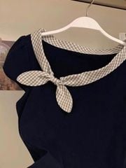 VGU1274 - ÁO THUN ĐEN PHỐI CỔ NƠ CARO (ÁO LẺ)