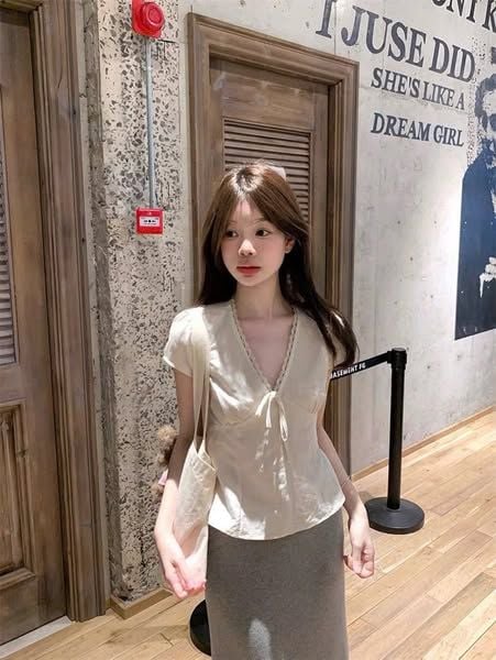 KS1259 - ÁO LINEN PHỐI NƠ KEM (ÁO LẺ)