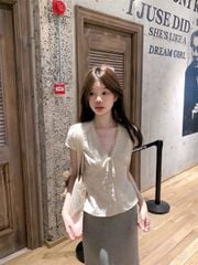 KS1259 - ÁO LINEN PHỐI NƠ KEM (ÁO LẺ)