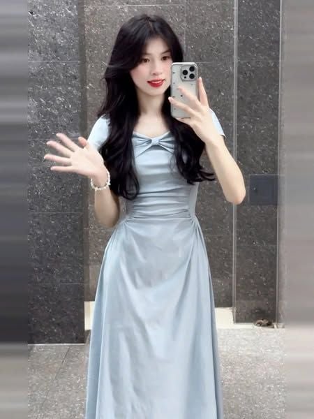 VGU1325 - ĐẦM DÀI PHỐI NGỰC - MÀU XANH