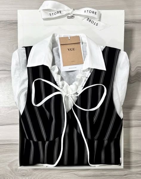 VGU1267 - SET ÁO SƠMI NƠ TRẮNG + ĐẦM YẾM SỌC ĐEN