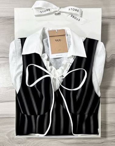 VGU1267 - SET ÁO SƠMI NƠ TRẮNG + ĐẦM YẾM SỌC ĐEN