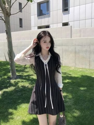 VGU1267 - SET ÁO SƠMI NƠ TRẮNG + ĐẦM YẾM SỌC ĐEN