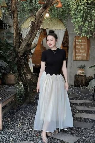 TQ4584 - ĐẦM ĐEN PHỐI TÙNG KEM