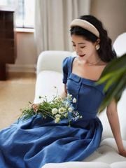 VGU1247 - ĐẦM THANH LỊCH TAY BỒNG XANH - KÈM NỊT