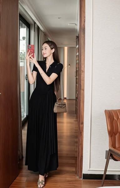 VGU1343 - ĐẦM DÀI THẮT EO PHỐI NÚT ĐEN